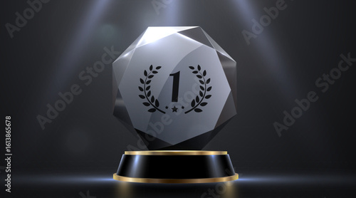 Award podium with glass trophy with laurel wreath on dark background. Symbol of victory, achievement, success, rewarding of winner. Vector illustration