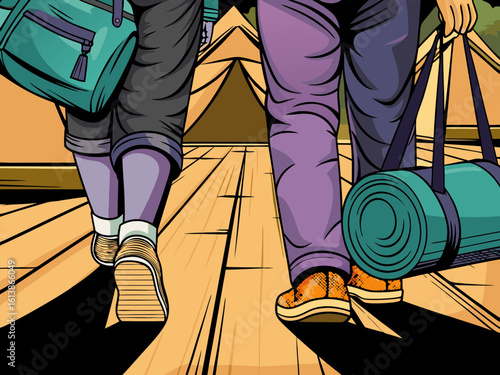 Friends arriving at glamping site with canvas tents and wooden decks, carrying reusable gear, excited for outdoor adventure and relaxation in nature's embrace