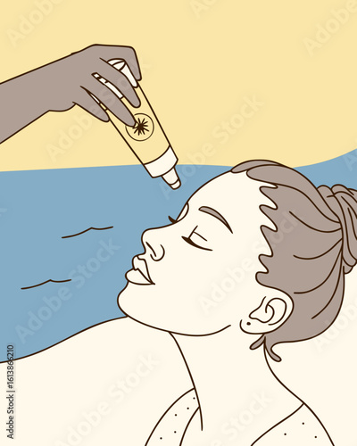 Close-up view of hands applying reef-safe sunscreen to a woman's face, bright sunlight reflecting off the skin, emphasizing sun protection and skincare routine