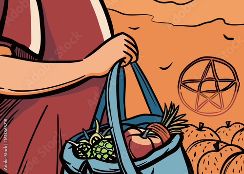 Close-up of woman holding reusable bag filled with seasonal vegetables at local farmers market, warm daylight illuminating vibrant produce and creating inviting atmosphere