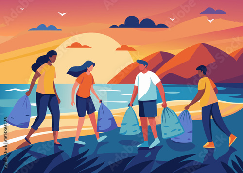 Group of diverse travelers cleaning a beach at sunset, holding reusable trash bags, with gentle waves rolling in and vibrant colors illuminating the sky