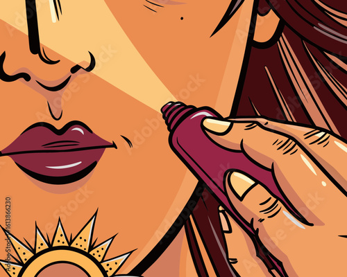 Close-up of hands applying reef-safe sunscreen to a woman's face, bright light reflecting off skin, emphasizing sun protection and skincare routine in vibrant colors