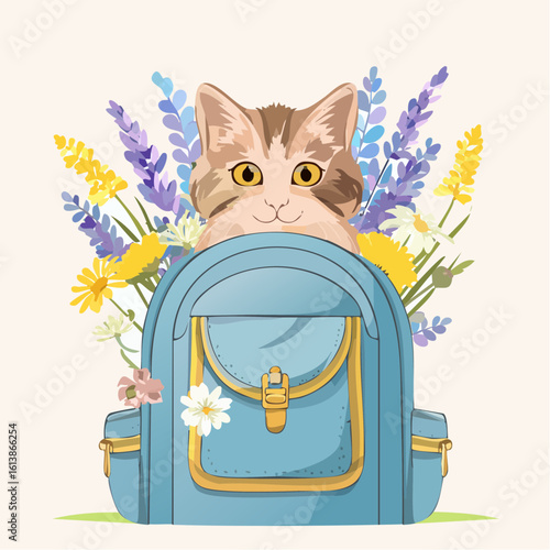 Cat peeking out from a blue backpack asurrounded by wild flowers in a meadow, creating a whimsical and playful atmosphere for travel enthusiasts and animal lovers