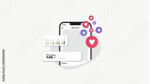 Animated social media engagement metrics motion design. likes, shares, comments, follower growth stats dashboard. 4K motion animation
