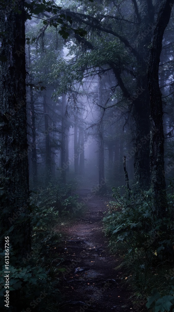 Foggy forest path with dense trees and ferns Foggy forest path with dense trees and ferns
