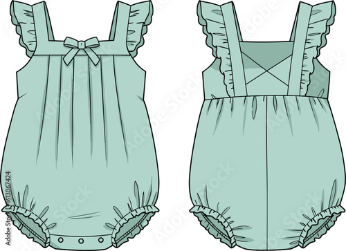 Baby romper front and back view, mint green color, ruffled straps, bow detail, summer outfit, cad drawing flat vector illustration