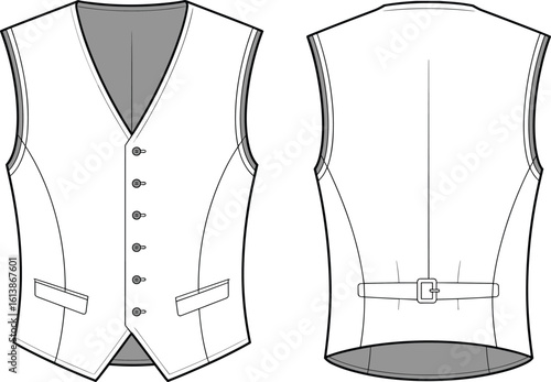 Classic men’s vest fashion CAD drawing, front and back vector view, stylish waistcoat, formal apparel design, technical garment sketch