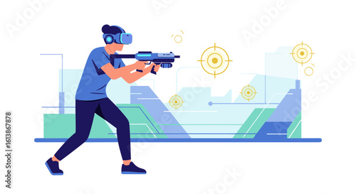 A person wearing a VR headset aims a futuristic gun, immersed in a digital game environment with targets and glowing lines.