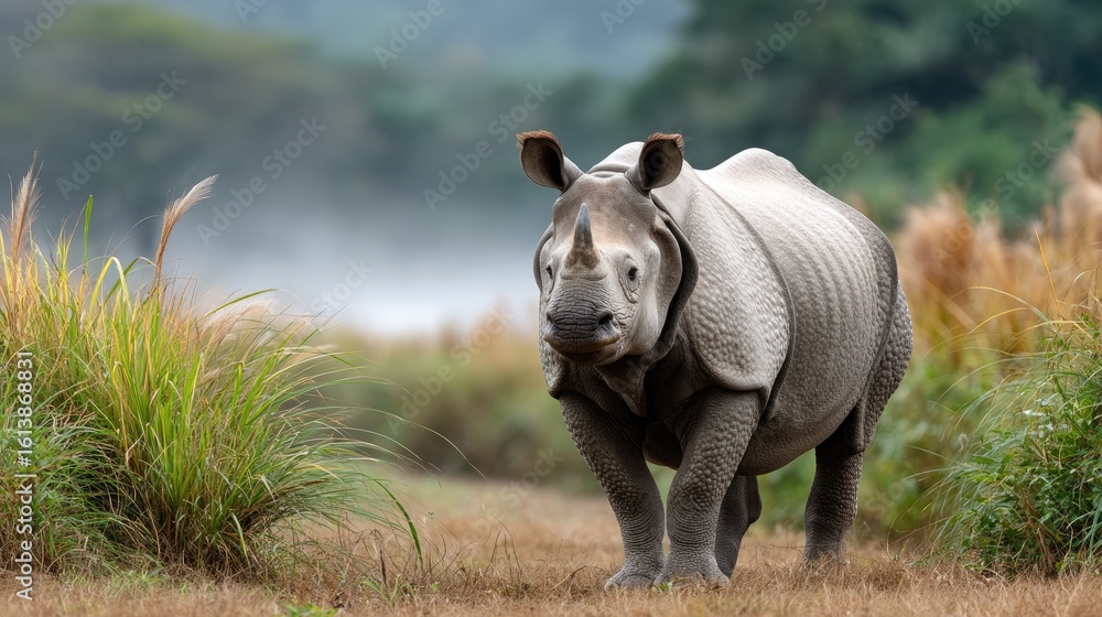 Fototapeta premium An Indian one horn rhinoceros explores a verdant grassland, surrounded by tall wild grass and shrouded in gentle morning mist