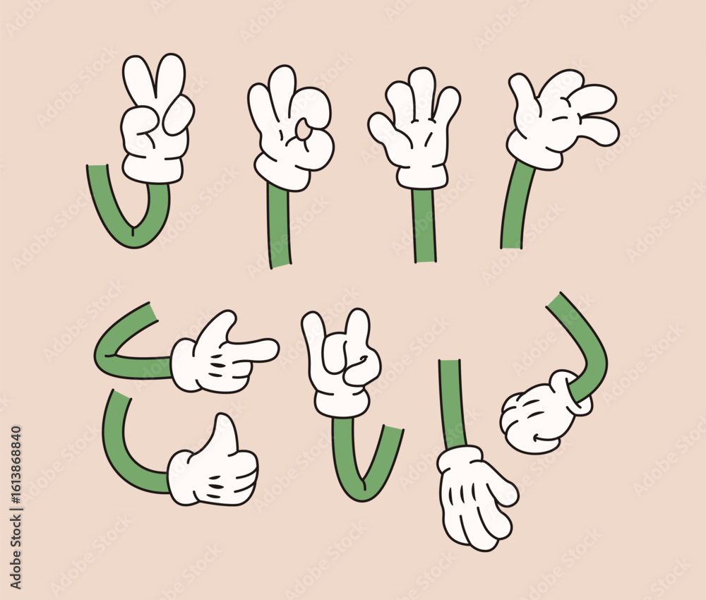 Fototapeta premium Set of cartoon-style white-gloved hands showing different gestures with green arms, flat design on beige background. Concept of emotions, symbols, and signs. Vector illustration