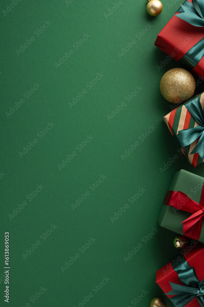 Fototapeta premium Holiday decorations and wrapped gifts on a green vertical background evoking festive joy and cheer