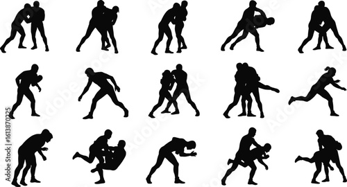 Silhouette of wrestlers in action, grappling and takedown positions, wrestling match vector set, combat sport poses, athletic fighters training, martial arts competition clipart