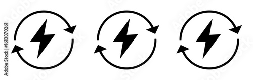 recyclable energy icon set with rotating arrow and power symbol
