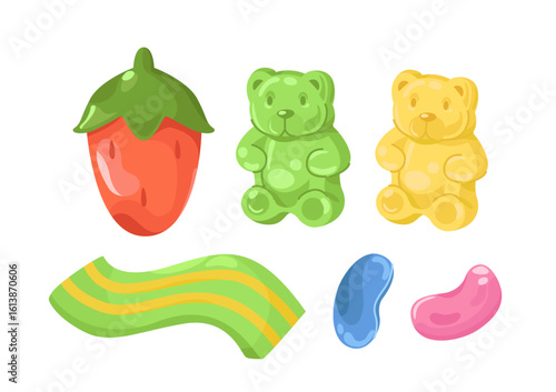 Assortment of colorful gummy candies including bears, jelly beans, and fruit shapes in a flat cartoon style isolated on a white background. Concept of sweets. Vector illustration