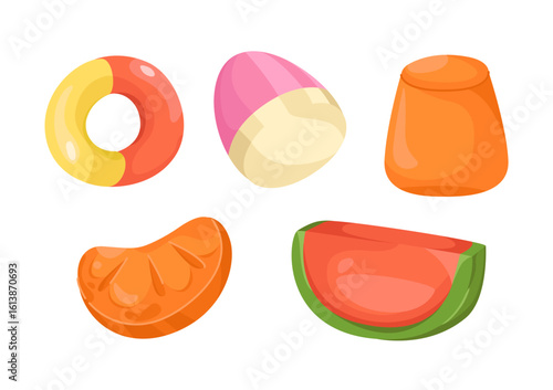 Assorted colorful candy sweets in different shapes and fruity styles, in cartoon graphic style, isolated on white background. Concept of sugary treats. Vector illustration