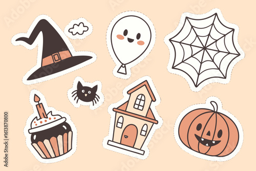 Cute Halloween Sticker Set Featuring a Witch Hat Ghost Balloon Spiderweb Pumpkin and Haunted House Illustration collection