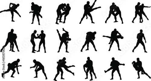 Silhouette of MMA fighters training, mixed martial arts combat poses, kickboxing and grappling stances, self-defense action figures, fighting sport movement vector illustration set