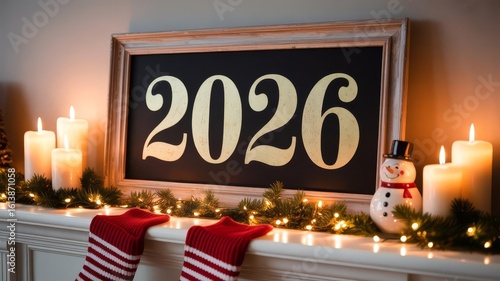 Framed year two thousand twenty six display on a decorated mantle with candles and christmas lights




