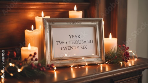 Framed year two thousand twenty six display on a decorated mantle with candles and christmas lights




