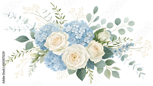 Fototapeta Naklejka Na Ścianę i Meble -  Beautiful watercolor floral arrangement of cream roses and blue hydrangeas with greenery isolated on transparent background