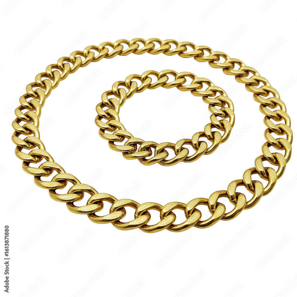 Obraz premium Two golden chains arranged in a spiral shape isolated on transparent background