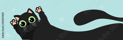 Adorable black cartoon cat with large green eyes and raised paws on a light blue background with star accents. Concept of playfulness and charm. Vector illustration