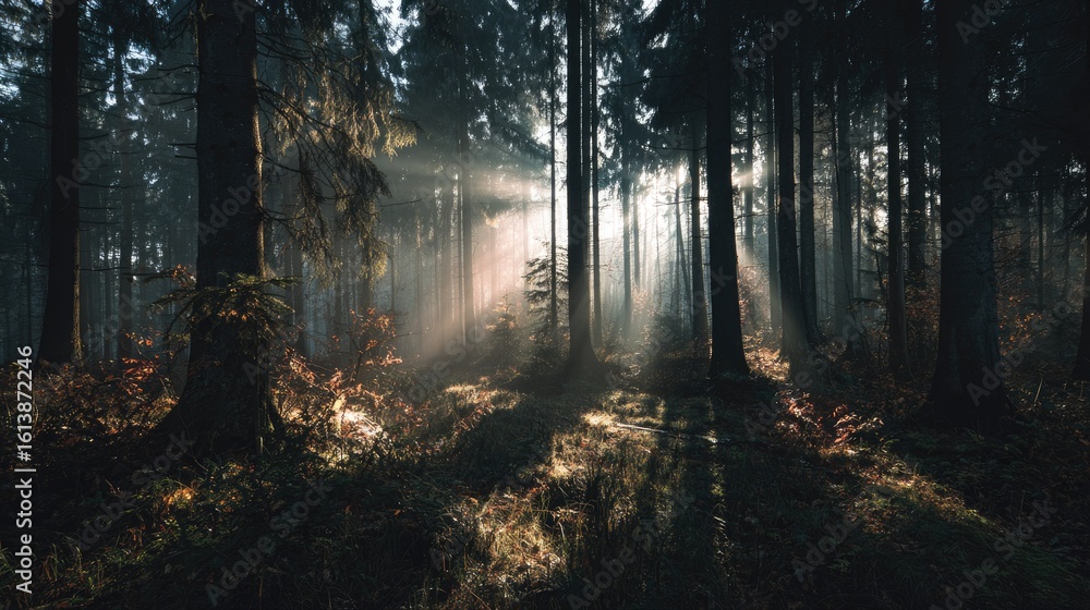 Naklejka premium Sunbeams pierce dark forest