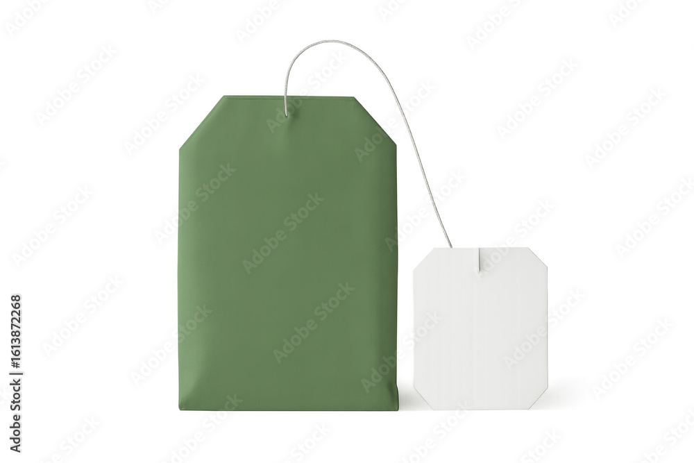Fototapeta premium Realistic mockup of green tea bag with white label on transparent background, perfect for showcasing tea packaging design
