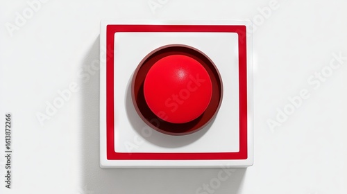 Large red button on a white background, surrounded by a square frame, symbolizing urgency and action, ideal for design projects and creative concepts