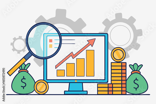 A computer shows rising financial bar graph beside gears and money bags