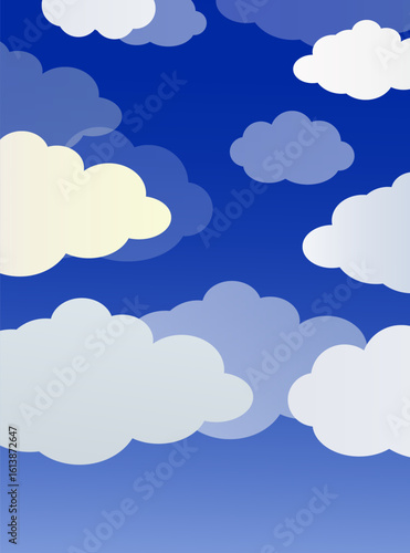 Cartoon-style illustration of a vibrant blue sky with scattered white and light gray puffy clouds, featuring soft edges, gentle shading, and a light-to-dark sky gradient.