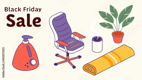 Black friday sale featuring office chair yoga mat dispenser plant and hot beverage promoting discounts and deals for home and office items