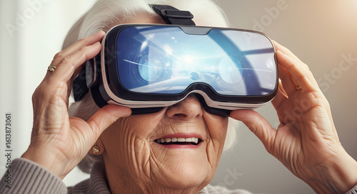 Elderly woman wearing virtual reality headset, smiling with curiosity and delight while exploring immersive digital worlds through futuristic technology experience