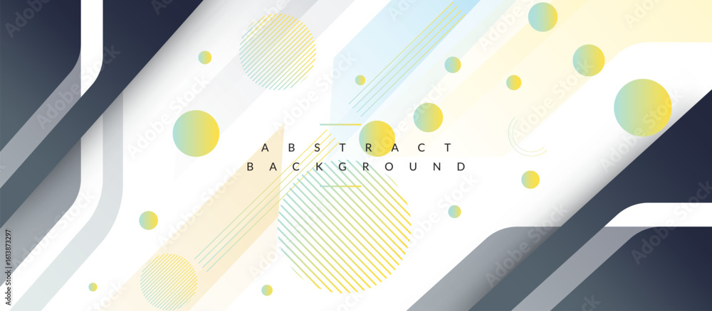 Obraz premium Vibrant Abstract Background with Pastel Beige, Blue, Yellow, and Teal Tones, Diagonal Shapes, Gradient Circles, Patterned Lines, and Bold Gray Contrast for Modern Design Use