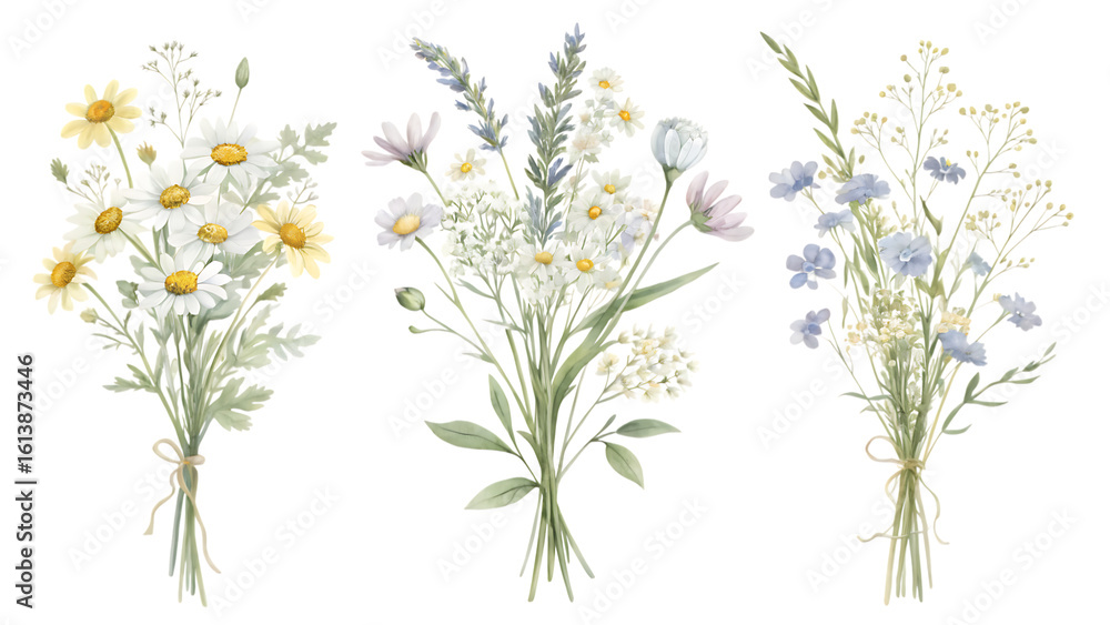 Fototapeta premium Three delicate watercolor bouquets of wildflowers and daisies tied with twine isolated on transparent background