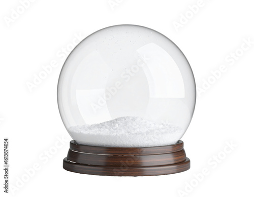 Clear glass globe with white snow and wooden base isolated on a transparent background