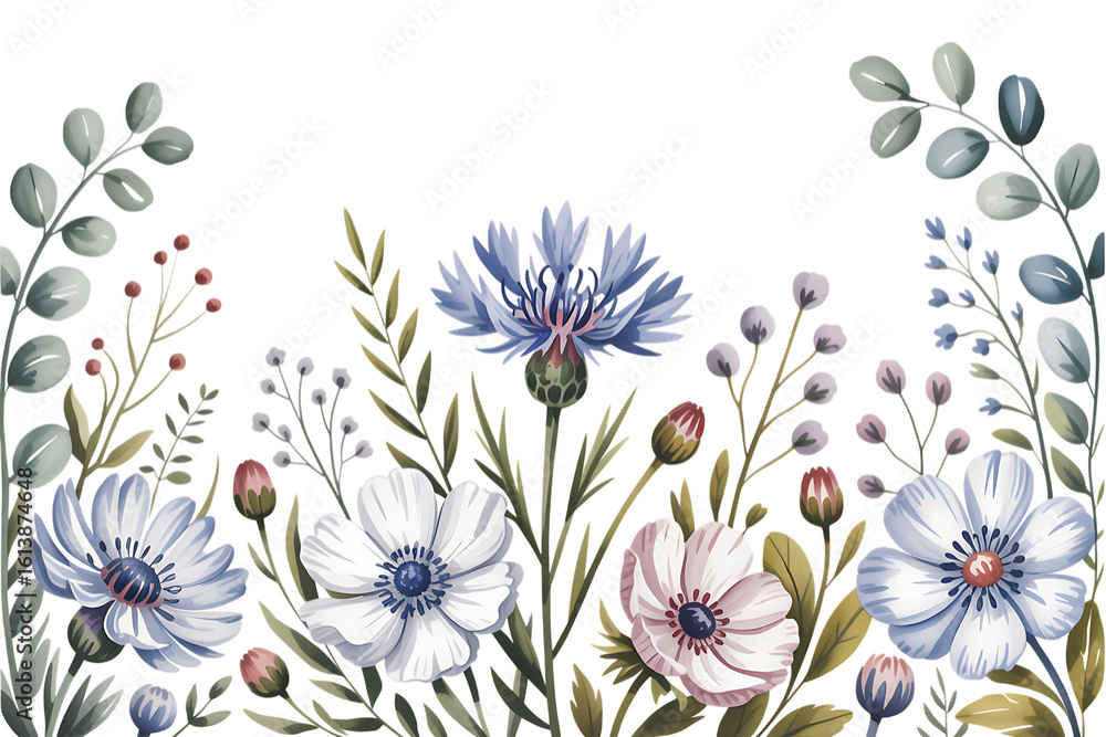Obraz premium Delicate watercolor floral arrangement with blue cornflower and white anemones flowers botanical