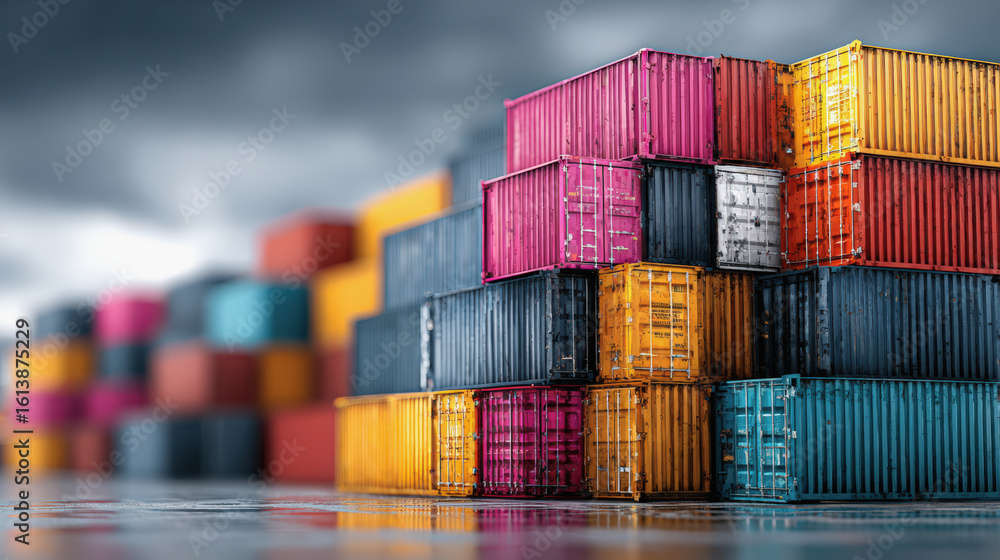 Fototapeta premium Colorful stacked cargo containers create vibrant scene at port, reflecting dynamic nature of shipping and logistics