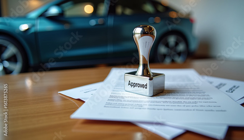 Car loan approval with stamp on documents and car in background