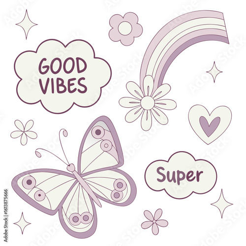 Whimsical butterfly and rainbow with good vibes cloud and super cloud silhouette