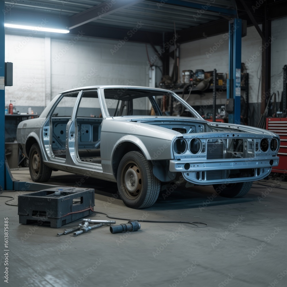 Obraz premium Silver car body undergoing restoration car restoration