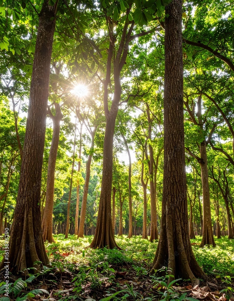 Fototapeta premium Oak and teak tree sanctuary in a vibrant forest environment