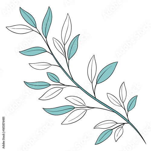 Delicate branch silhouette with hand drawn outline and teal leaf accents
