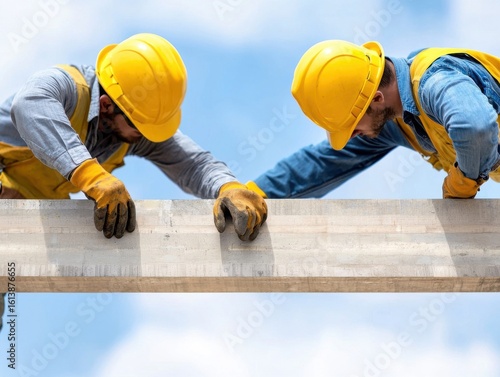 Engineer civil analysis Concept. Construction workers collaborating on a building project under a bright sky.