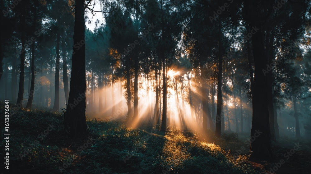 Fototapeta premium Sunlight streams through misty forest (1)