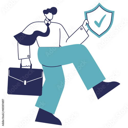 Confident businessman confidently striding forward holding a shield symbolizing security and protection for business success and growth