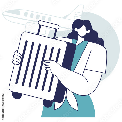 Excited traveler with luggage ready for adventure as a modern jet airplane awaits departure on a clear day