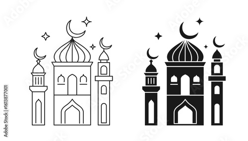 Islamic Mosque Icons Set . Line and Silhouette. Vector.