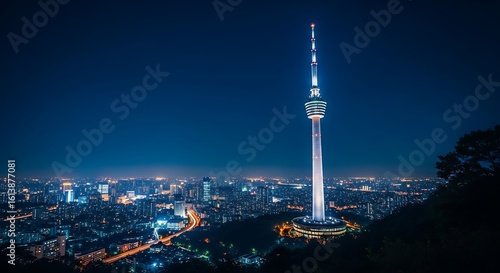 Illuminated cityscape view of Stuttgart TV Tower at night with a dark sky offering a captivating