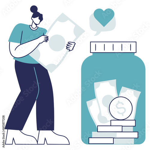 Savvy individual thoughtfully adds cash to a savings jar, visualizing future financial security and achieving wealth goals with a heartwarming sense of accomplishment.
